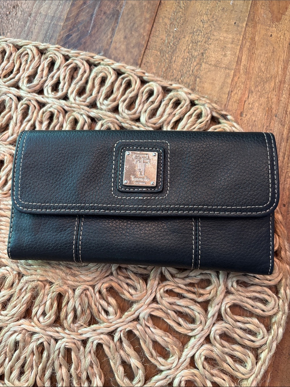 Tignanello Black Leather Wallet with Silver Logo Plate
